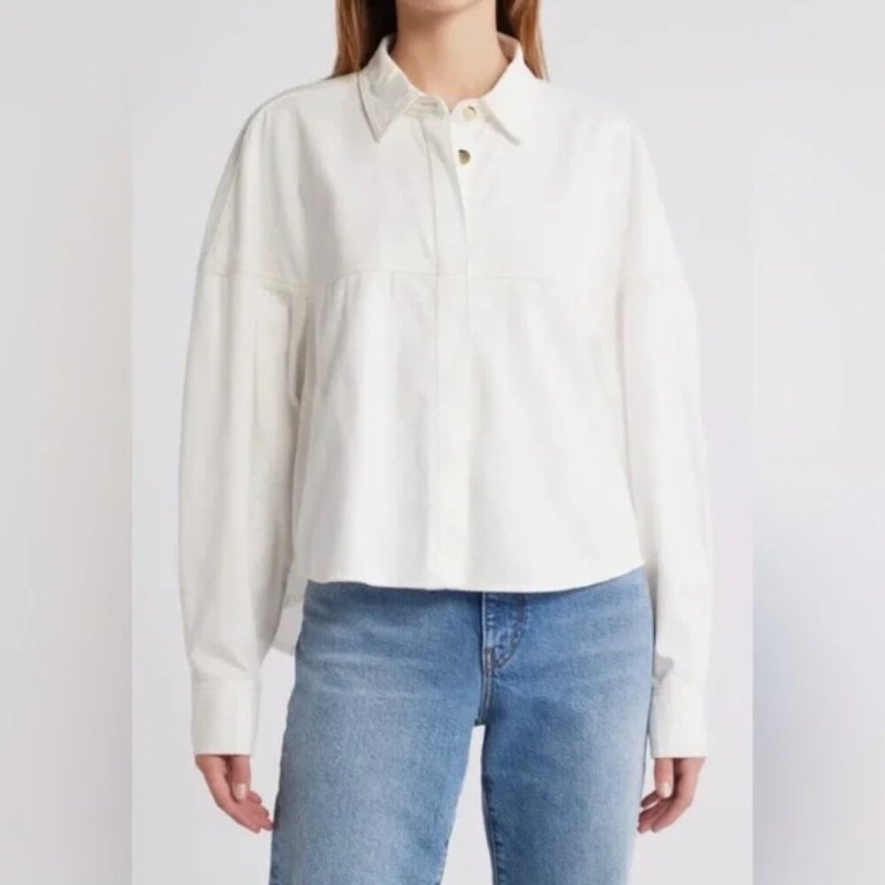 FRAME The Bubble Shirt White Cotton Womens Large Boxy Hi Lo Long Sleeve